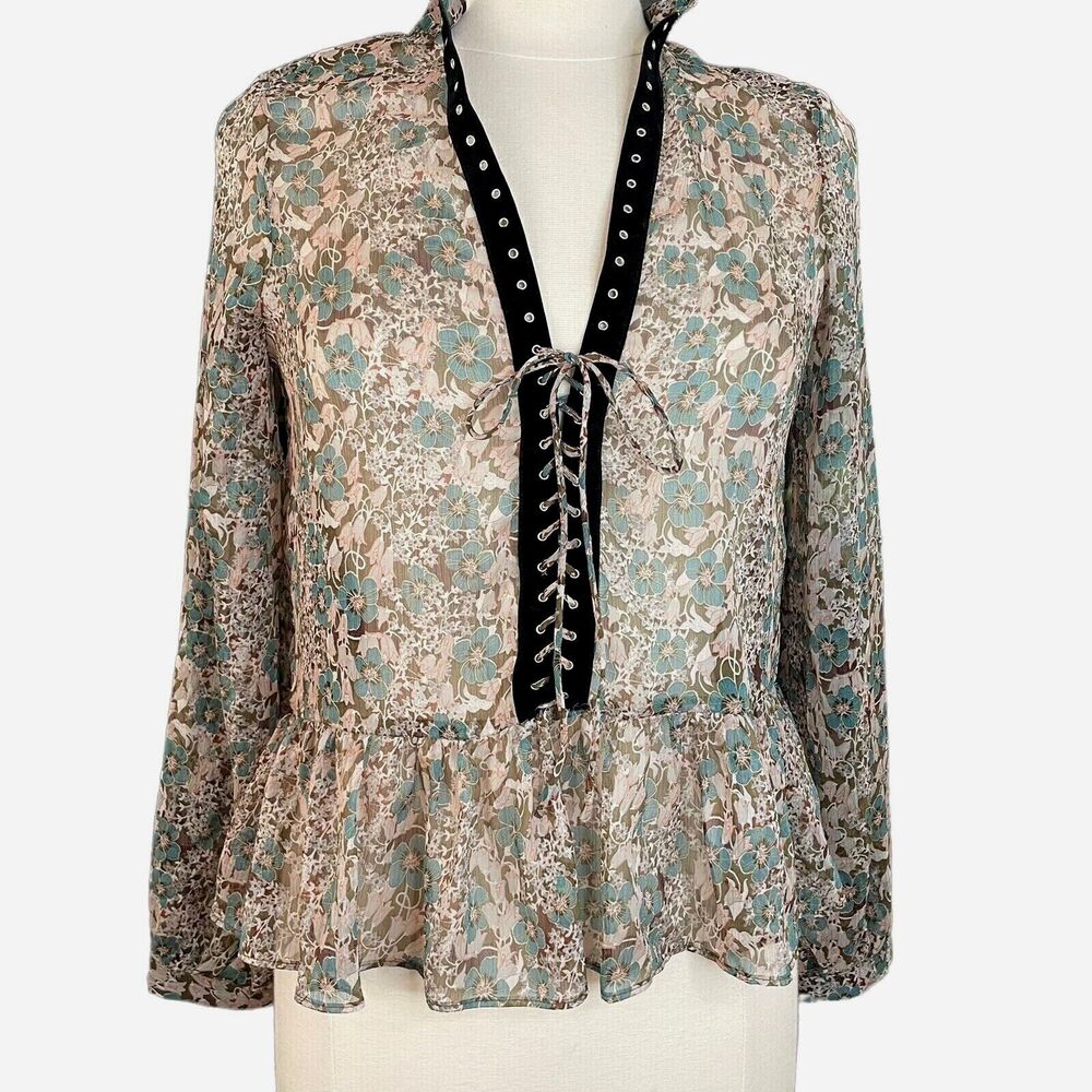 ZARA Denim Sz M‎ Beige Teal Floral Semi-Sheer Peasant Blouse Top Lace Up Ruffle